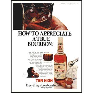 1971 Ten High Bourbon Vintage Print Ad Whiskey Barrel On the Rocks Bar Wall Art